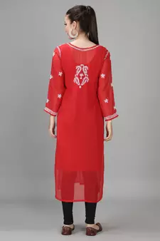 HAND EMBROIDERED LUCKNOWI CHIKANKARI RED GEORGETTE KURTA WITH SLIP