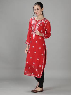 HAND EMBROIDERED LUCKNOWI CHIKANKARI RED GEORGETTE KURTA WITH SLIP 3