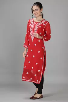 HAND EMBROIDERED LUCKNOWI CHIKANKARI RED GEORGETTE KURTA WITH SLIP