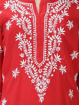 HAND EMBROIDERED LUCKNOWI CHIKANKARI RED GEORGETTE KURTA WITH SLIP 4