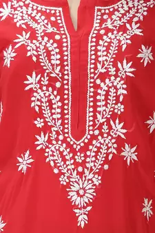 HAND EMBROIDERED LUCKNOWI CHIKANKARI RED GEORGETTE KURTA WITH SLIP