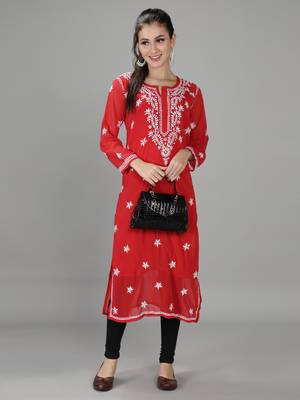 HAND EMBROIDERED LUCKNOWI CHIKANKARI RED GEORGETTE KURTA WITH SLIP 5