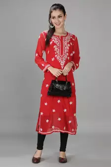 HAND EMBROIDERED LUCKNOWI CHIKANKARI RED GEORGETTE KURTA WITH SLIP