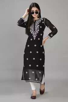 Black embroidered georgette chikankari-kurtis