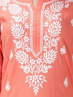 HAND EMBROIDERED LUCKNOWI CHIKANKARI PEACH COTTON KURTA 6