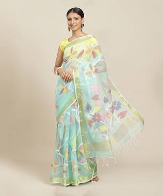 Turquoise Handloom Jamdani On Pure Resham Silk  1