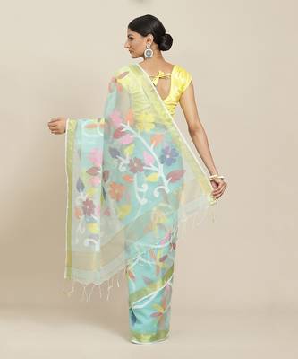 Turquoise Handloom Jamdani On Pure Resham Silk  2