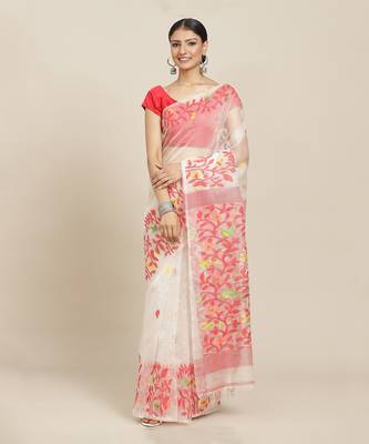 White Handloom Jamdani On Pure Resham Silk  1