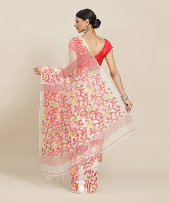 White Handloom Jamdani On Pure Resham Silk  2