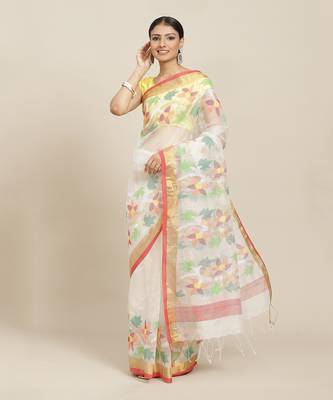 White Handloom Jamdani On Pure Resham Silk  1