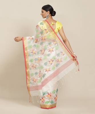 White Handloom Jamdani On Pure Resham Silk  2
