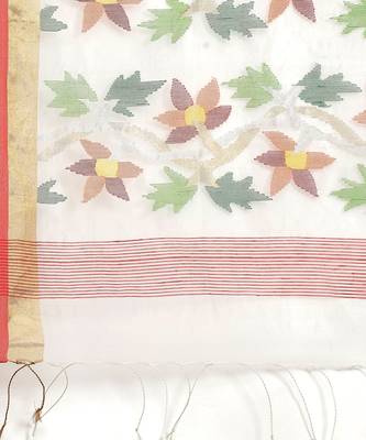 White Handloom Jamdani On Pure Resham Silk  4