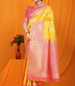 Yellow hand woven banarasi saree with blouse