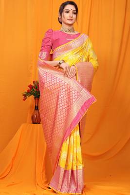 Yellow hand woven banarasi saree with blouse 2