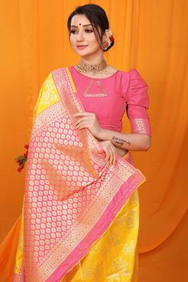 Yellow hand woven banarasi saree with blouse 3