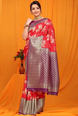 Red hand woven banarasi saree with blouse 1