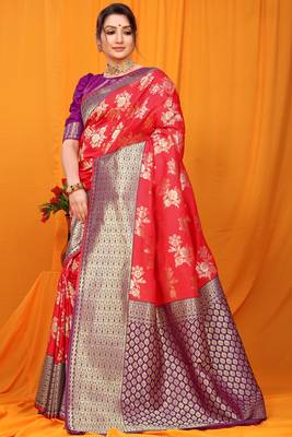 Red hand woven banarasi saree with blouse 2
