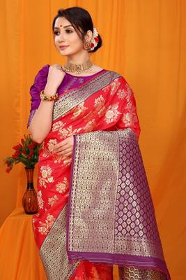 Red hand woven banarasi saree with blouse 3