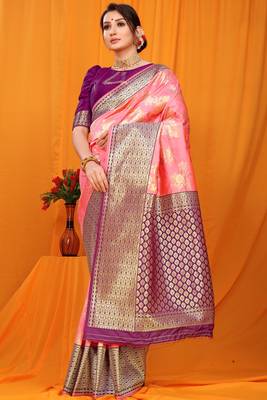Pink hand woven banarasi saree with blouse 1