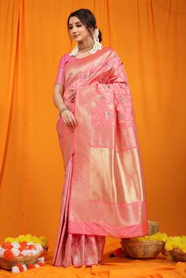 Pink hand woven banarasi saree with blouse 1