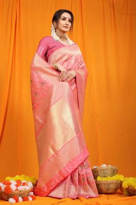 Pink hand woven banarasi saree with blouse 2