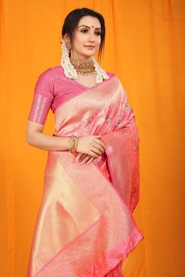 Pink hand woven banarasi saree with blouse 4