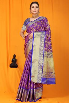 Purple hand woven banarasi saree with blouse 1
