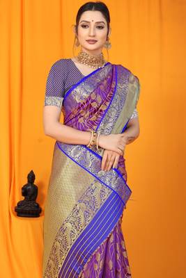 Purple hand woven banarasi saree with blouse 4
