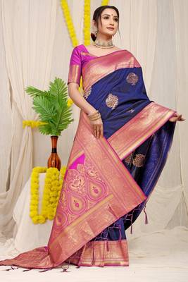 Blue hand woven banarasi saree with blouse 2