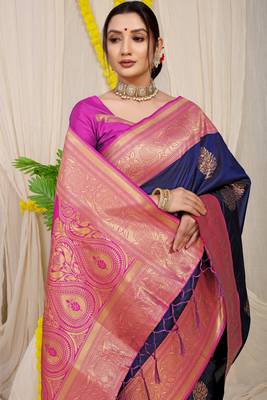 Blue hand woven banarasi saree with blouse 3