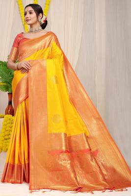 Yellow hand woven banarasi saree with blouse 1
