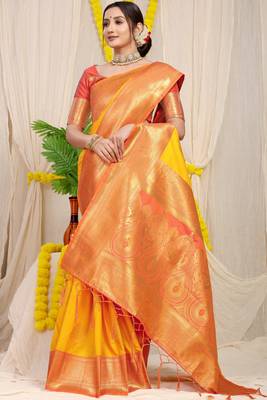 Yellow hand woven banarasi saree with blouse 2