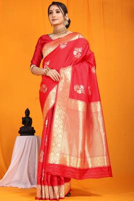Red hand woven banarasi saree with blouse 1