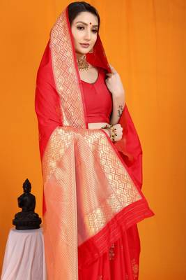 Red hand woven banarasi saree with blouse 3