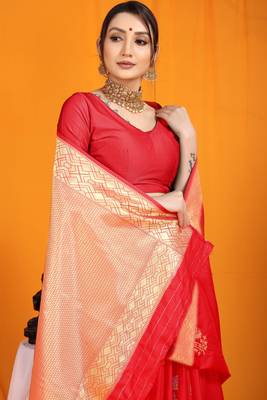 Red hand woven banarasi saree with blouse 4