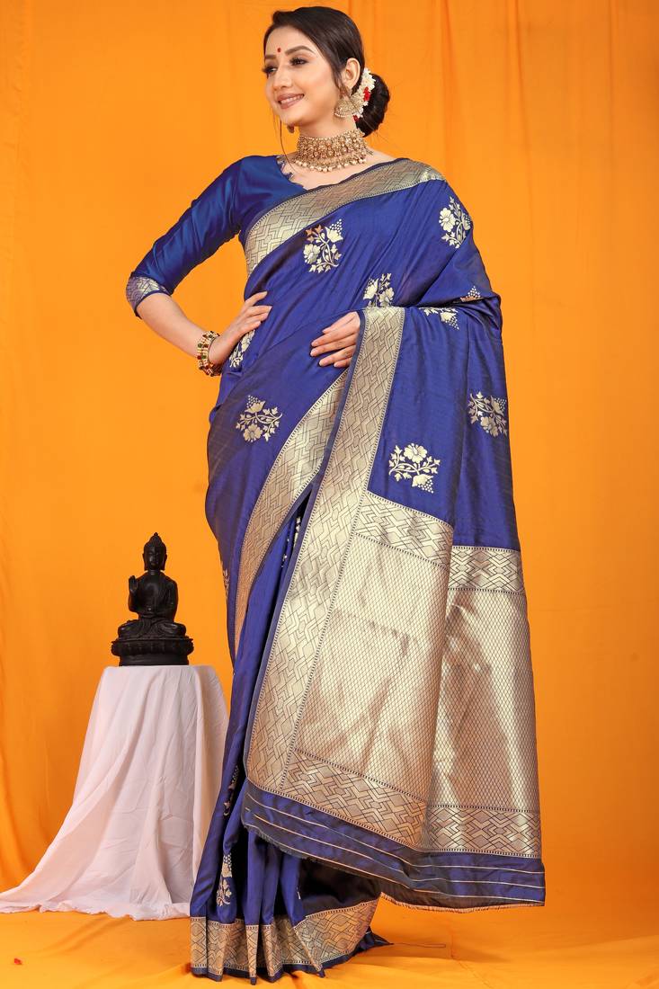 Blue hand woven banarasi saree with blouse