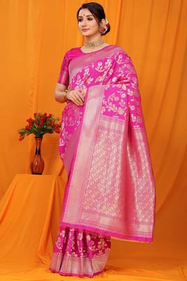 Pink hand woven banarasi saree with blouse 1