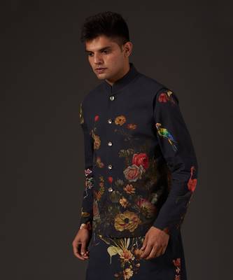 Black Cotton Floral Printed Bundi Jacket 2