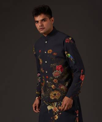 Black Cotton Floral Printed Bundi Jacket 4
