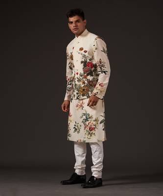 Beige Floral Printed Bundi Set 2