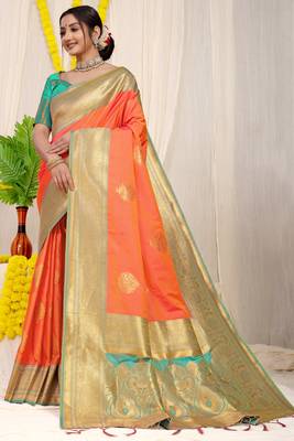 Orange hand woven banarasi saree with blouse 4