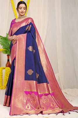 Blue hand woven banarasi saree with blouse 4