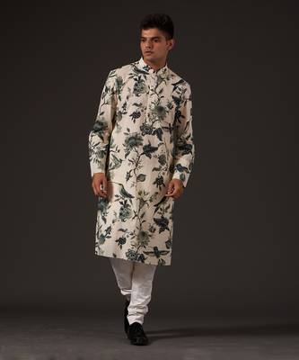 Beige Bird Printed Kurta Set 1