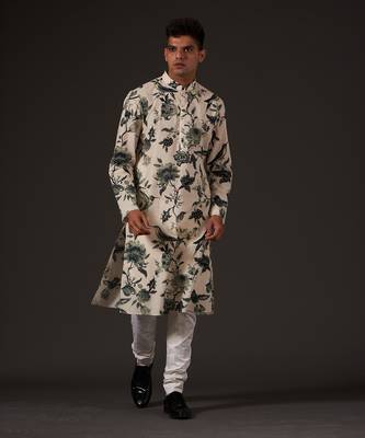 Beige Bird Printed Kurta Set 4