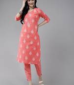 Peach printed cotton ethnic-kurtis