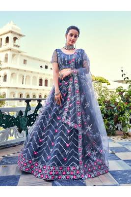 Grey Sequins Embroidered Soft Net Wedding Wear Lehenga Choli 2