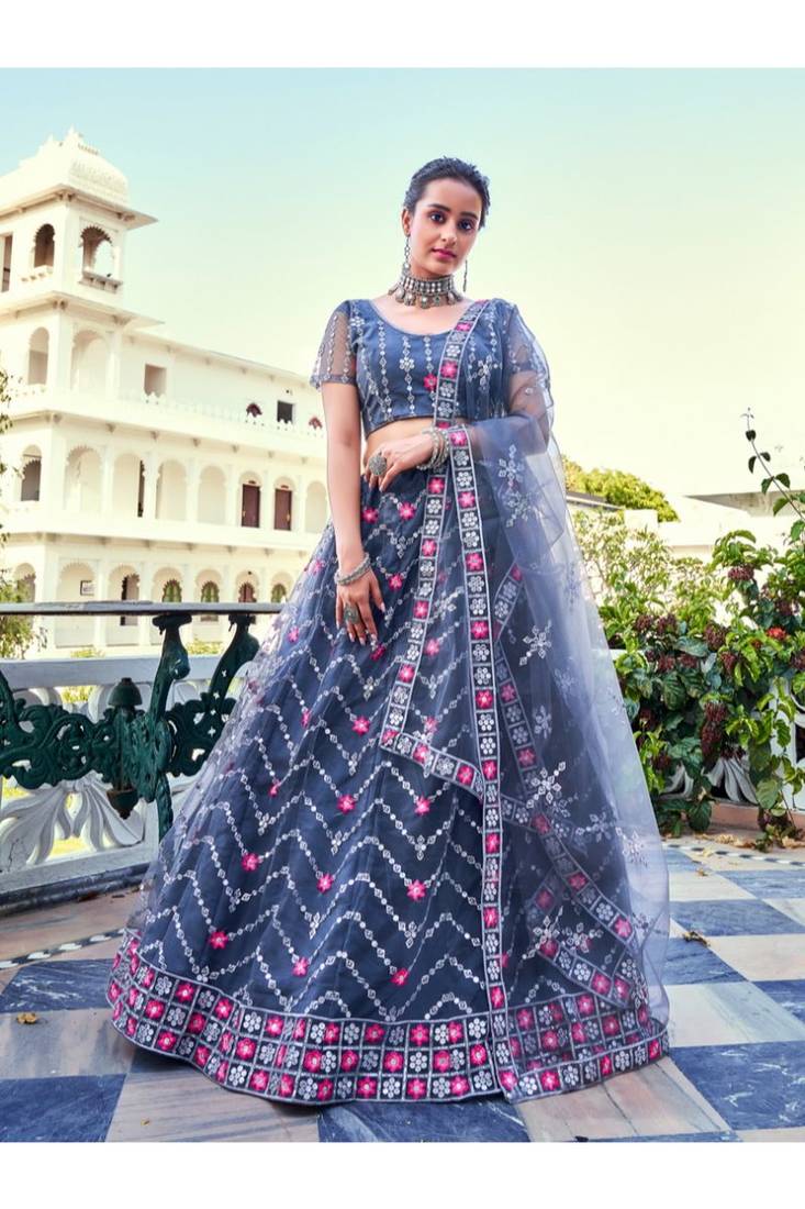 Grey Sequins Embroidered Soft Net Wedding Wear Lehenga Choli