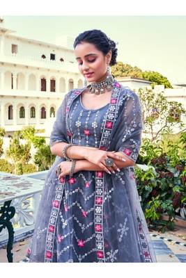 Grey Sequins Embroidered Soft Net Wedding Wear Lehenga Choli 3