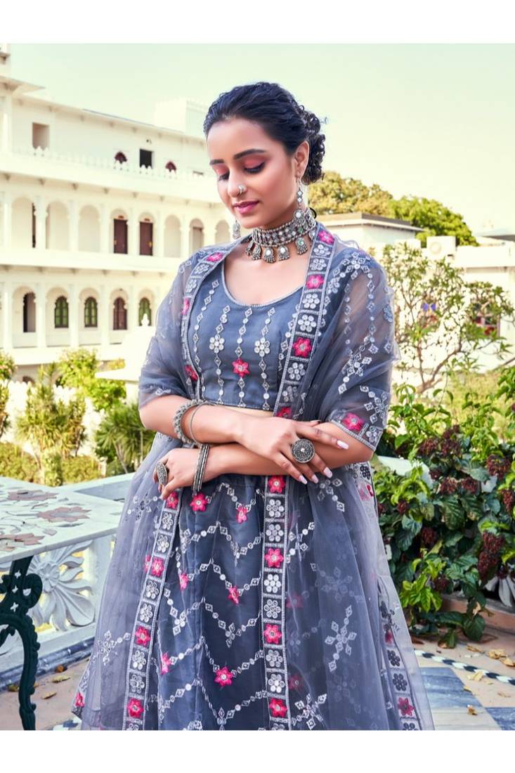 Grey Sequins Embroidered Soft Net Wedding Wear Lehenga Choli