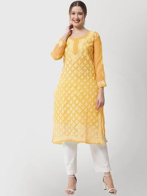 Yellow embroidered georgette chikankari-kurtis 1